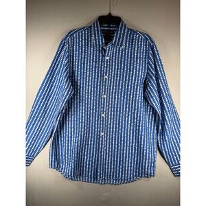 Michael Kors Mens Blue White Polka Dot Stripe Linen Cotton Button Down Shirt L